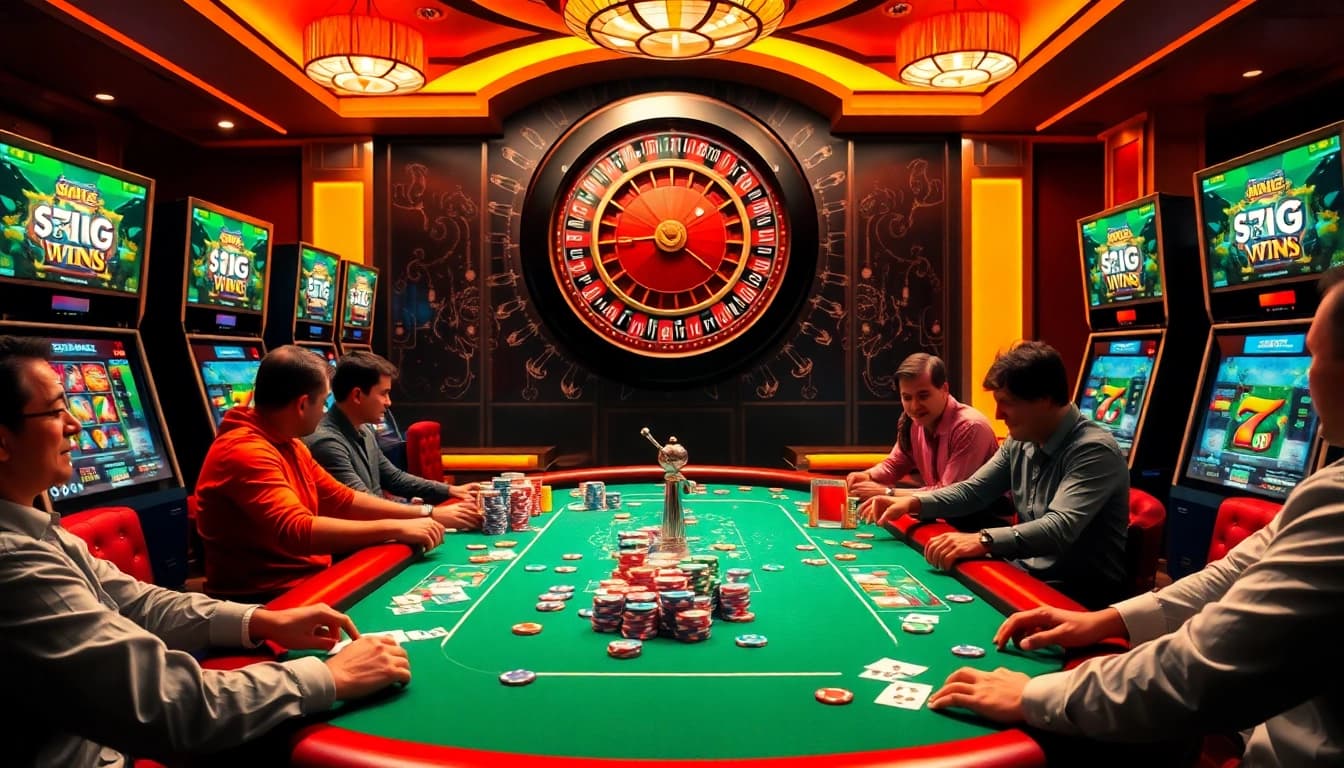 Engaging players at a colorful poker table in a luxurious casino while promoting https://topxx88.com/ gambling strategies.