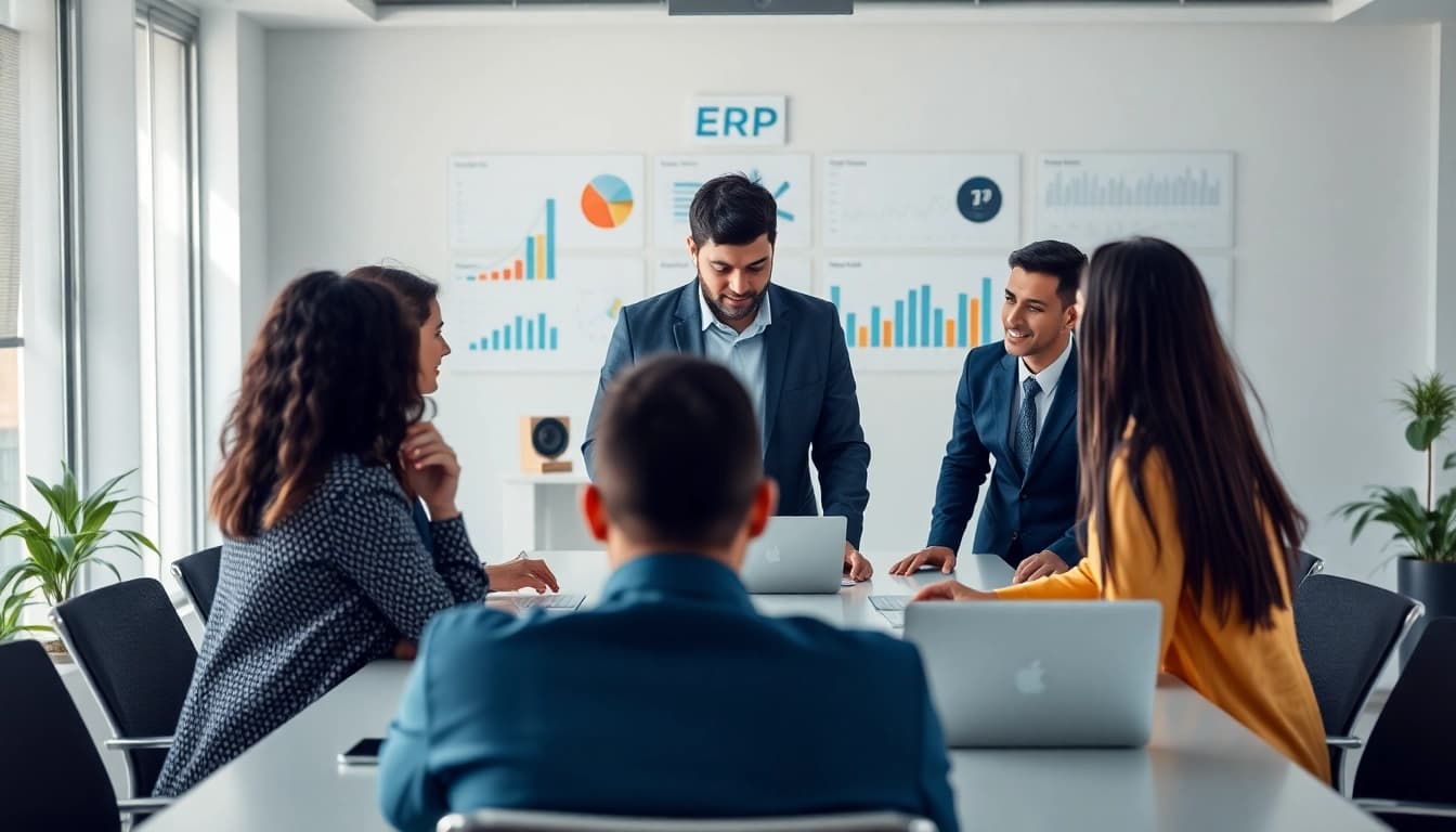Innovative team strategizing around ERP çözümleri in a modern office.