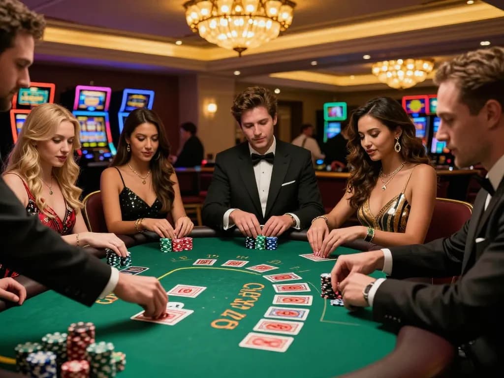 Players strategizing at hitclub blackjack table, vibrant casino atmosphere alive with excitement and focus
