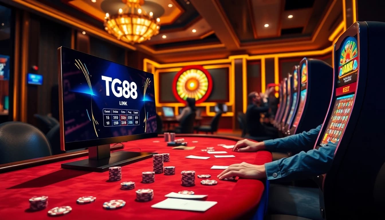 The Tg88 Link digital casino scene featuring vibrant tables and slot machines.