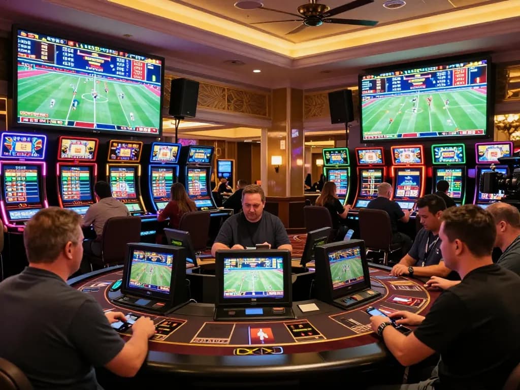 HB88 players engaging in exciting live sports betting at a vibrant casino.