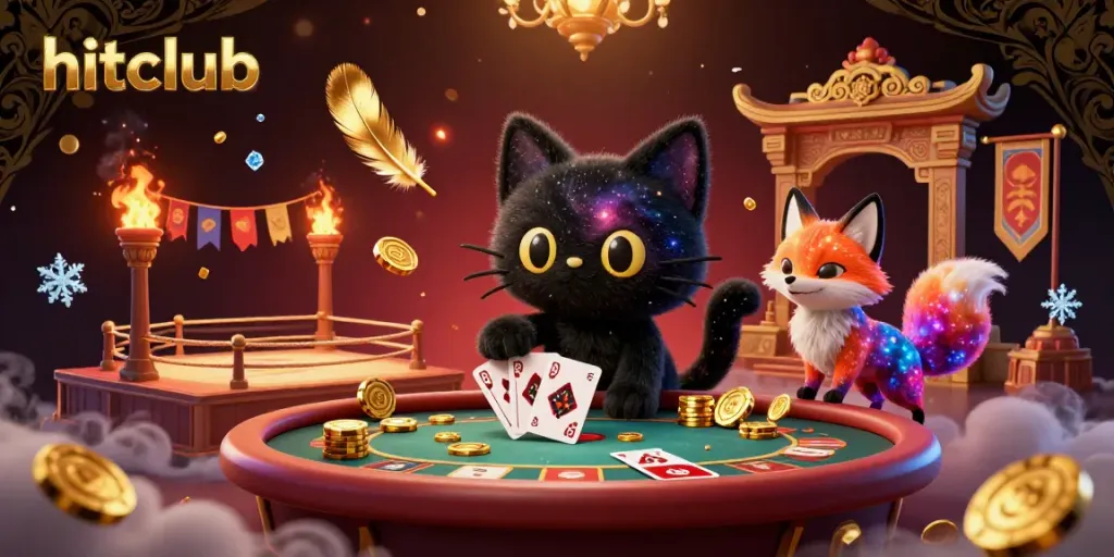 Spin and win with hitclub, featuring a cosmic casino scene with vibrant characters and golden chips.