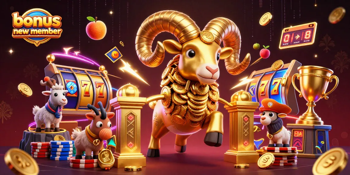 Bonus anggota baru menarik perhatian pemain dengan ilustrasi visual 3D dari karakter ram emas dan simbol slot.