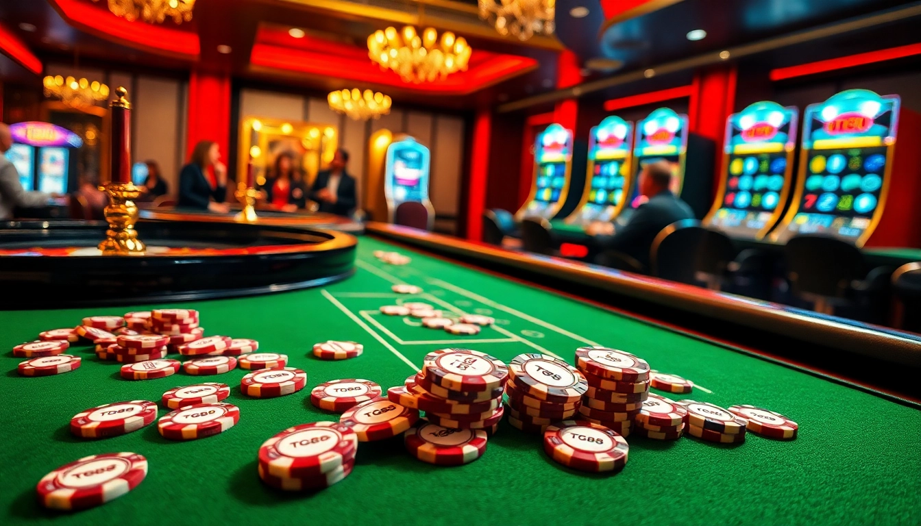 Engaging scene of TG88-themed casino gameplay with roulette wheels and high-stakes poker.