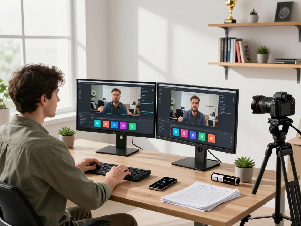 Video to prompt generator workspace with creator analyzing videos in a modern studio.