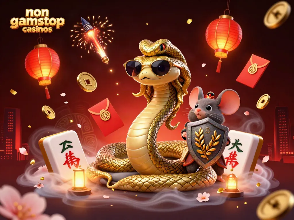 Vibrant illustration of non gamstop casinos showcasing a friendly Medusa and warrior mouse in a casino setting filled with game elements.