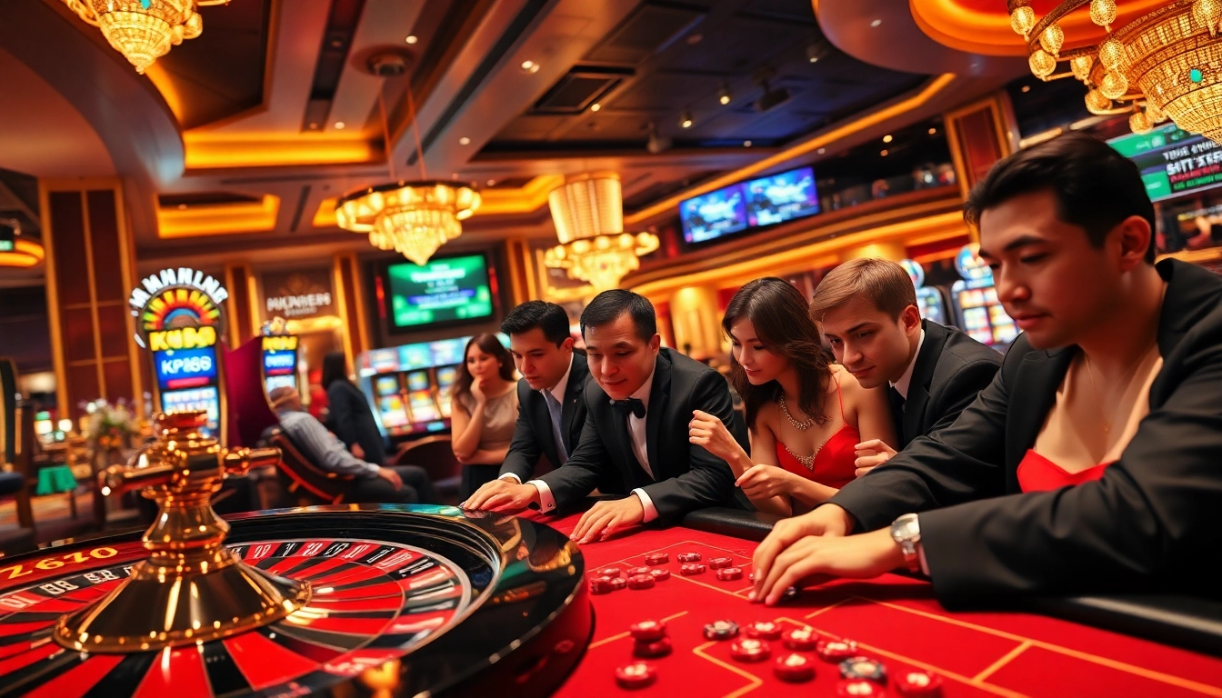 Exciting gambling scene featuring KP88 brand elements, luxurious casino with roulette and poker games.