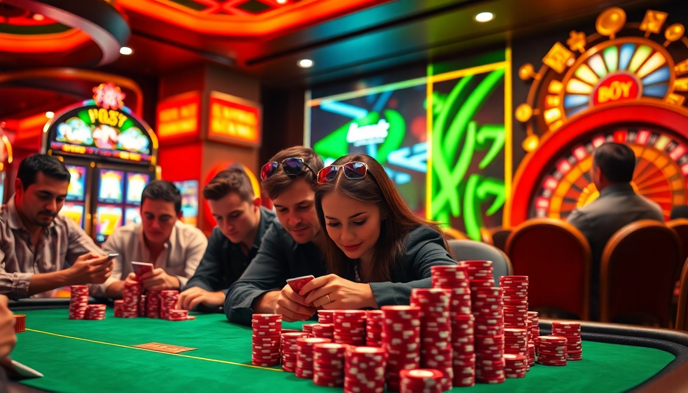 Experience the excitement of game bài đổi thưởng at a high-stakes casino table with poker chips and vibrant slot machines.