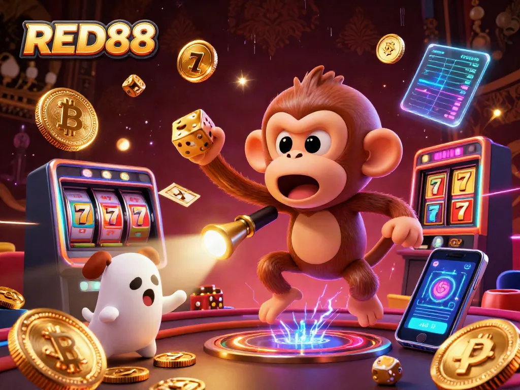 Engage with RED88's thrilling slot games as a poltergeist monkey juggles casino treasures.