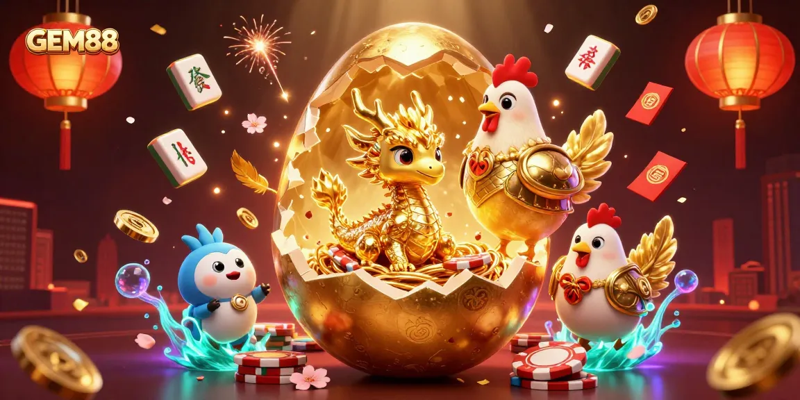 Experience GEM88, where a golden dragon emerges from jackpot surprises amid a vibrant gambling scene.