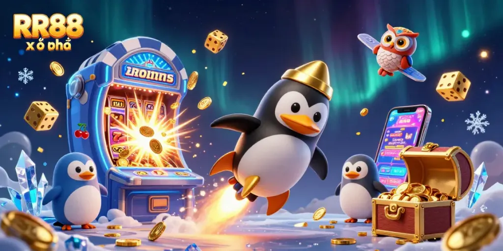 Experience the thrilling world of RR88 xổ số with an exciting illustration of a golden penguin, slot machine, and more!