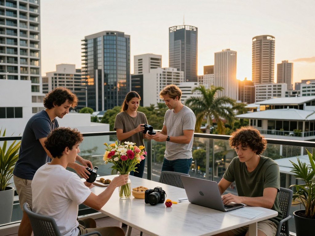 Engaging scene of hosts preparing for Airbnb management in Brisbane, showcasing vibrant city life and inviting atmosphere.