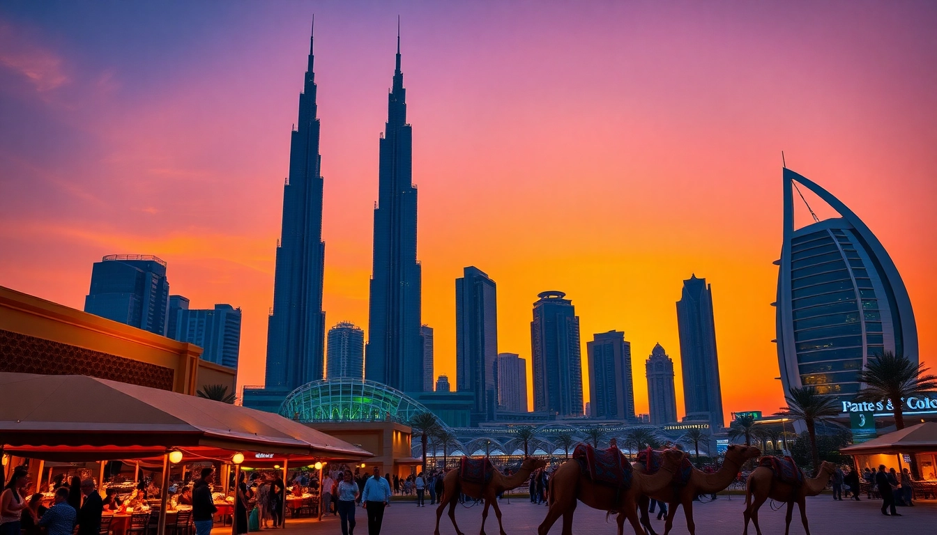 Experience breathtaking views of Dubai's skyline at sunset, highlighting iconic landmarks and lively street scenes. Travel to Dubai for an unforgettable adventure.