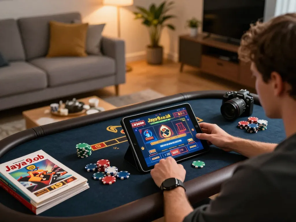 Engaging online gaming moment at jaya9.co.uk with player focused on tablet interface.