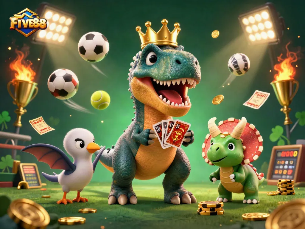 Experience FIVE88 gaming thrills with a T-Rex card shark and triceratops stacking chips in a vibrant casino scene.