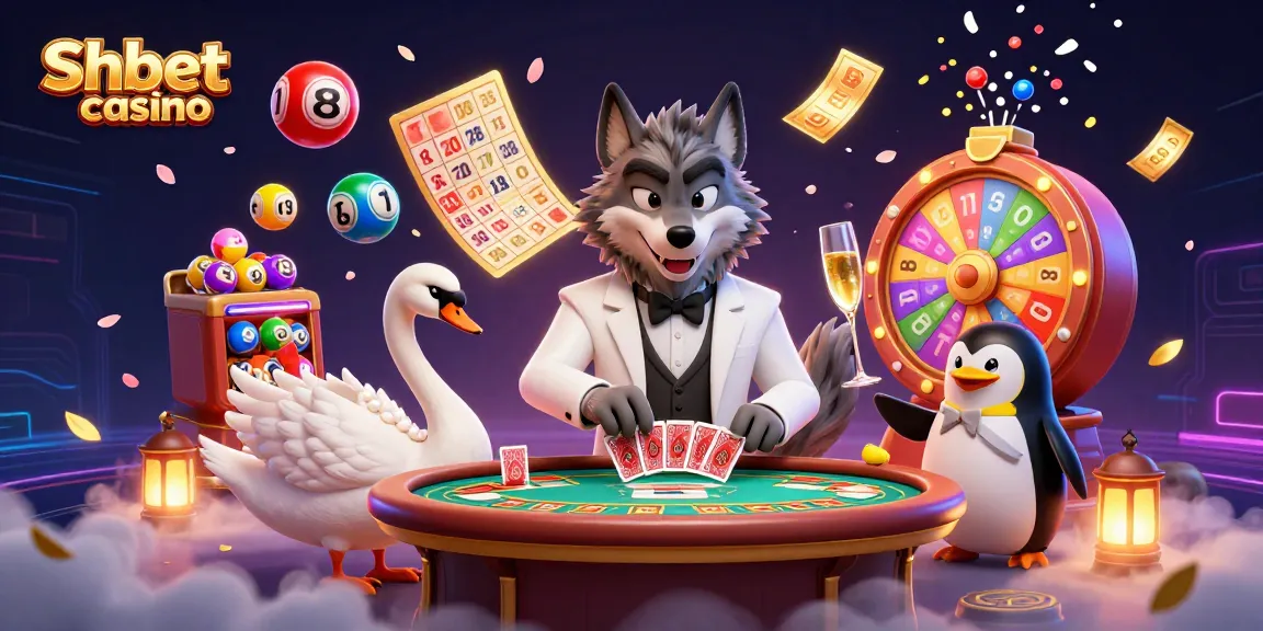 Experience thrilling gameplay at Shbet casino with an entertaining scene featuring a wolf, swan, and penguin in action.