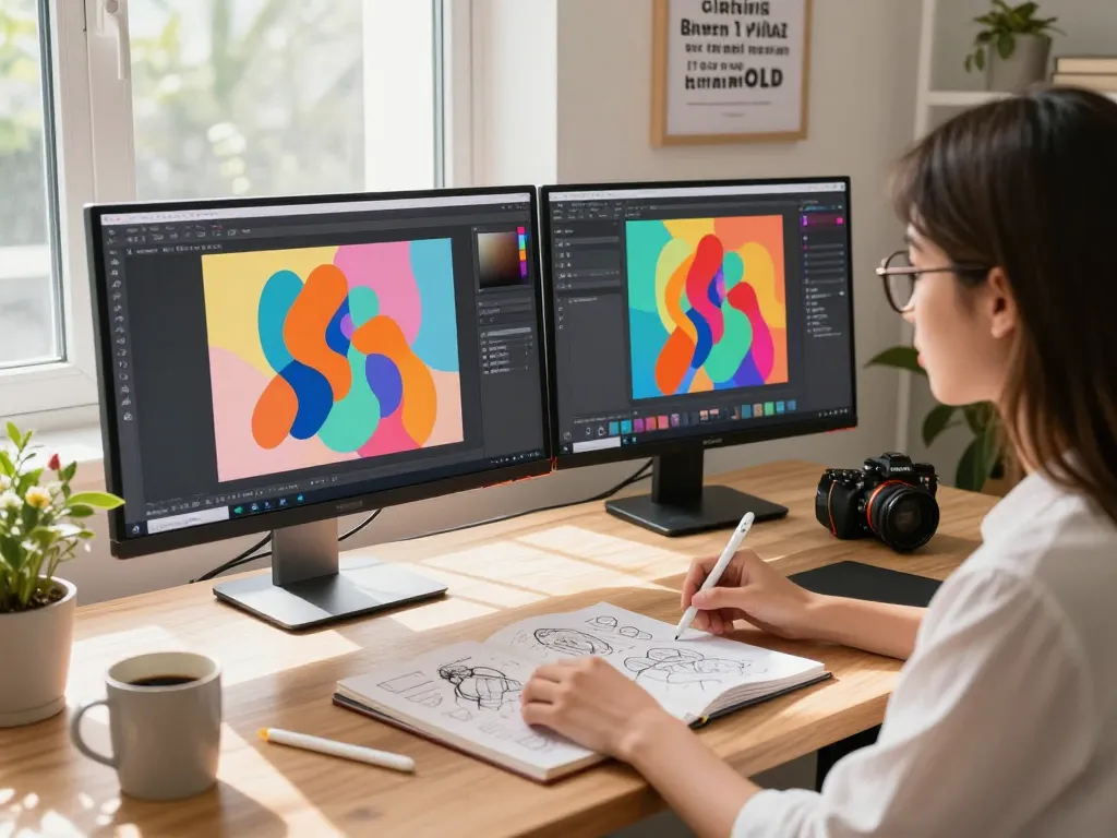 Designer engaging with Nano Banana 2 in a vibrant digital workspace, showcasing AI image editing.