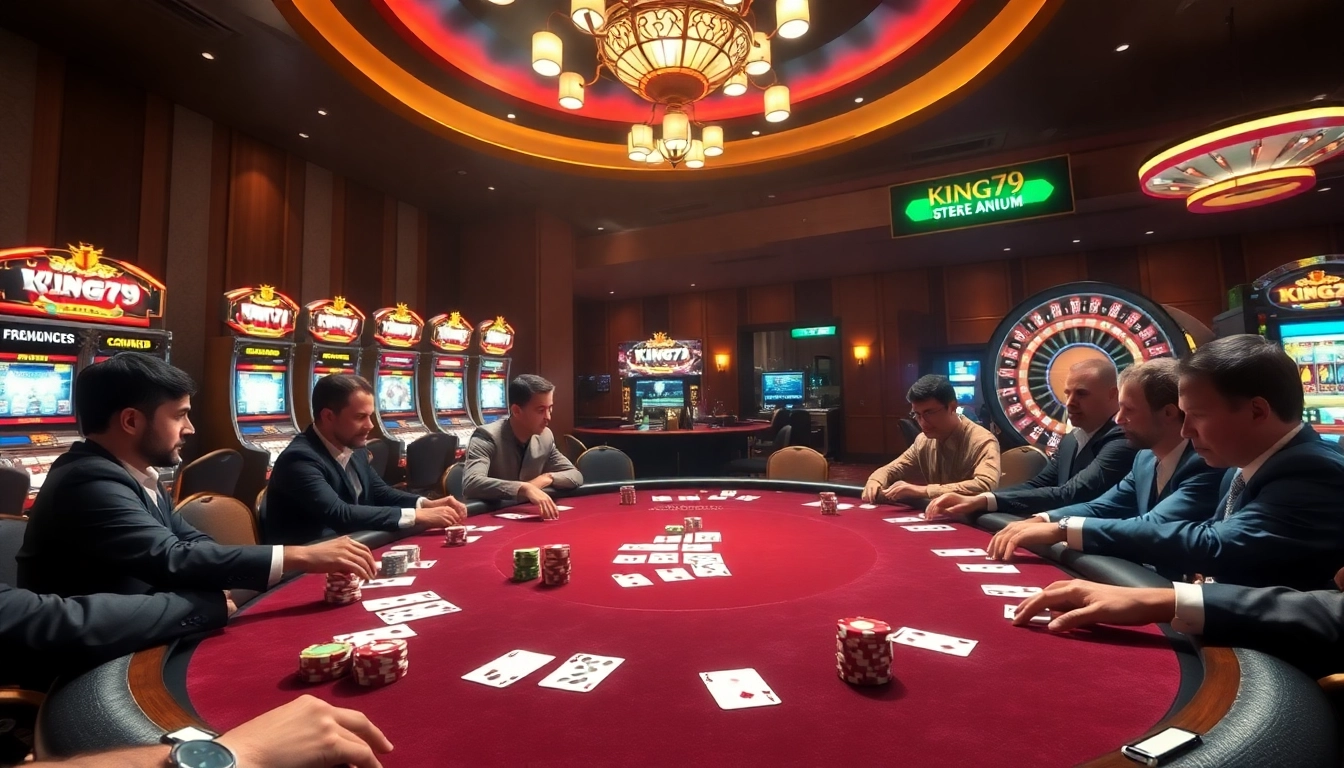 A thrilling poker game at King79 Casino featuring players, colorful chips, and an ambiance of luxury.