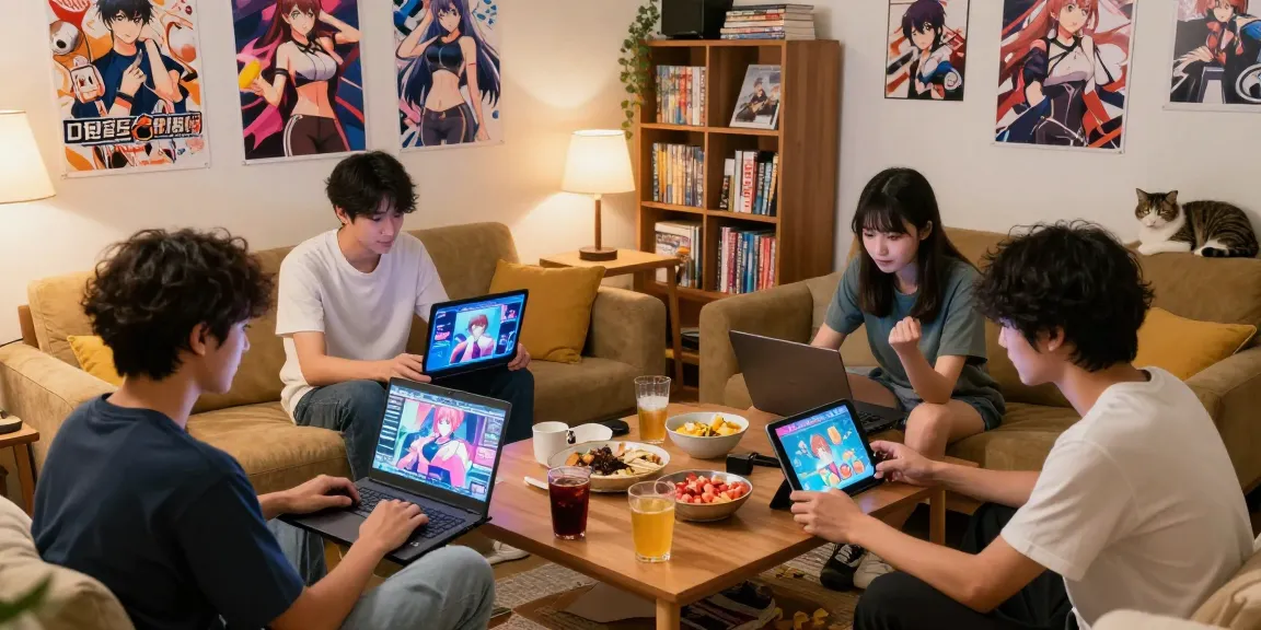 Friends enjoying ecchi games together in a cozy gaming setup with snacks and warm lighting.