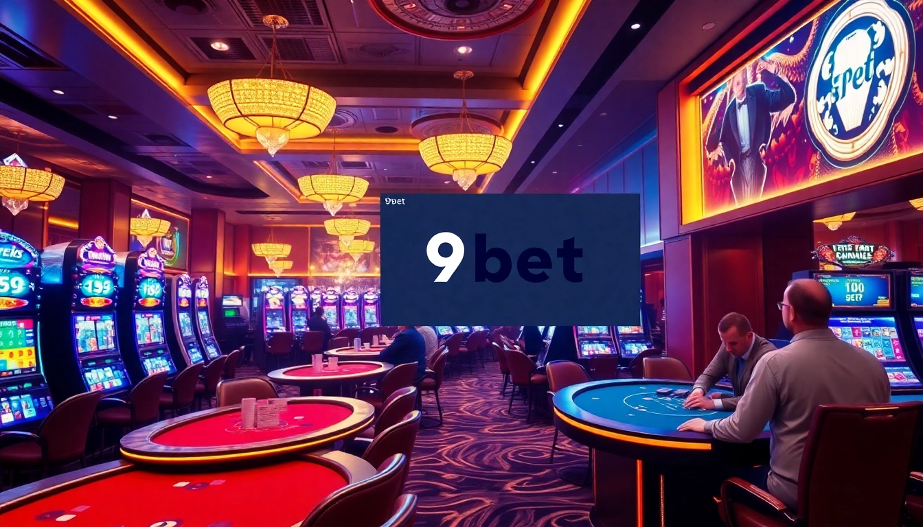 9bet engaging gaming experience with vibrant slots and poker tables in an upscale casino setting.