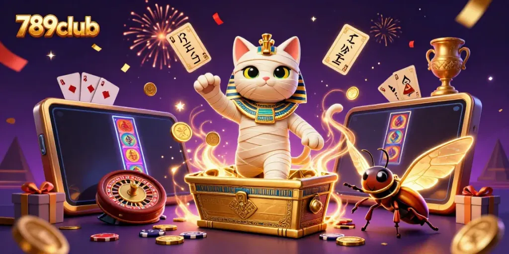 Join the excitement at 789club with a lively scene of a mummy cat and scarab beetle in a vibrant casino atmosphere.