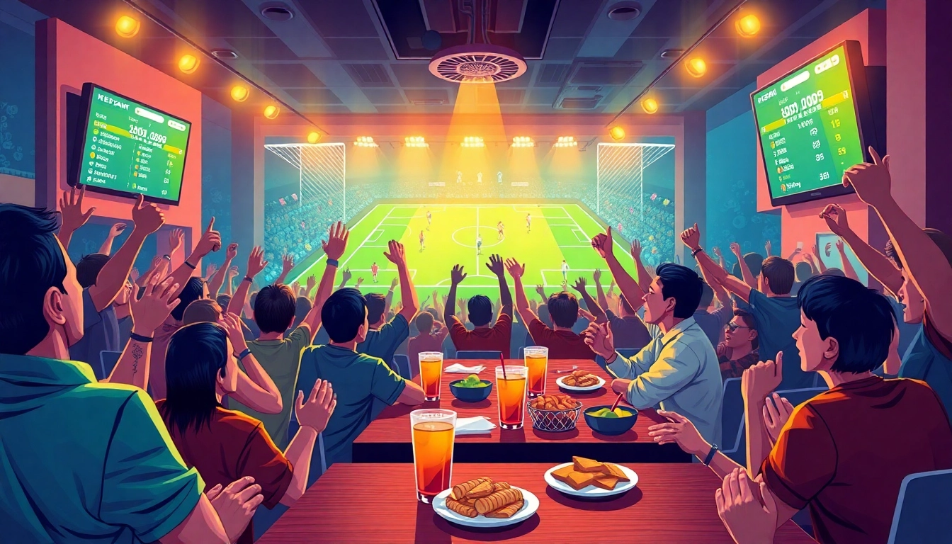 Exciting scene of fans engaging in sports betting with keonhacai88 screens visible.