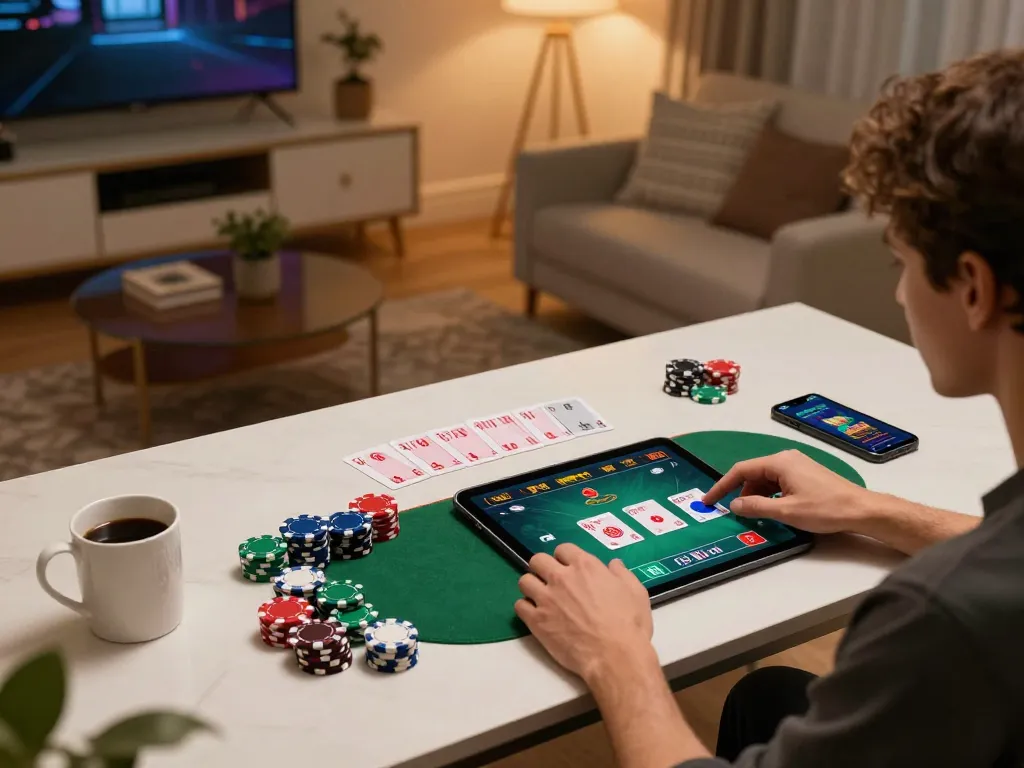 Player exploring online gaming options at dr88, featuring tablet and poker setup in stylish home