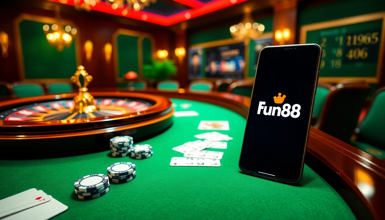 Experience thrilling gameplay at Fun88 with poker chips, roulette, and online interfaces.