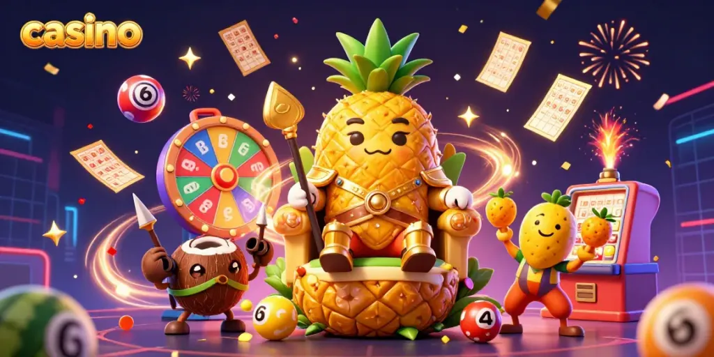 Experience the excitement of a colorful casino with a lively golden pineapple king and dynamic game elements.
