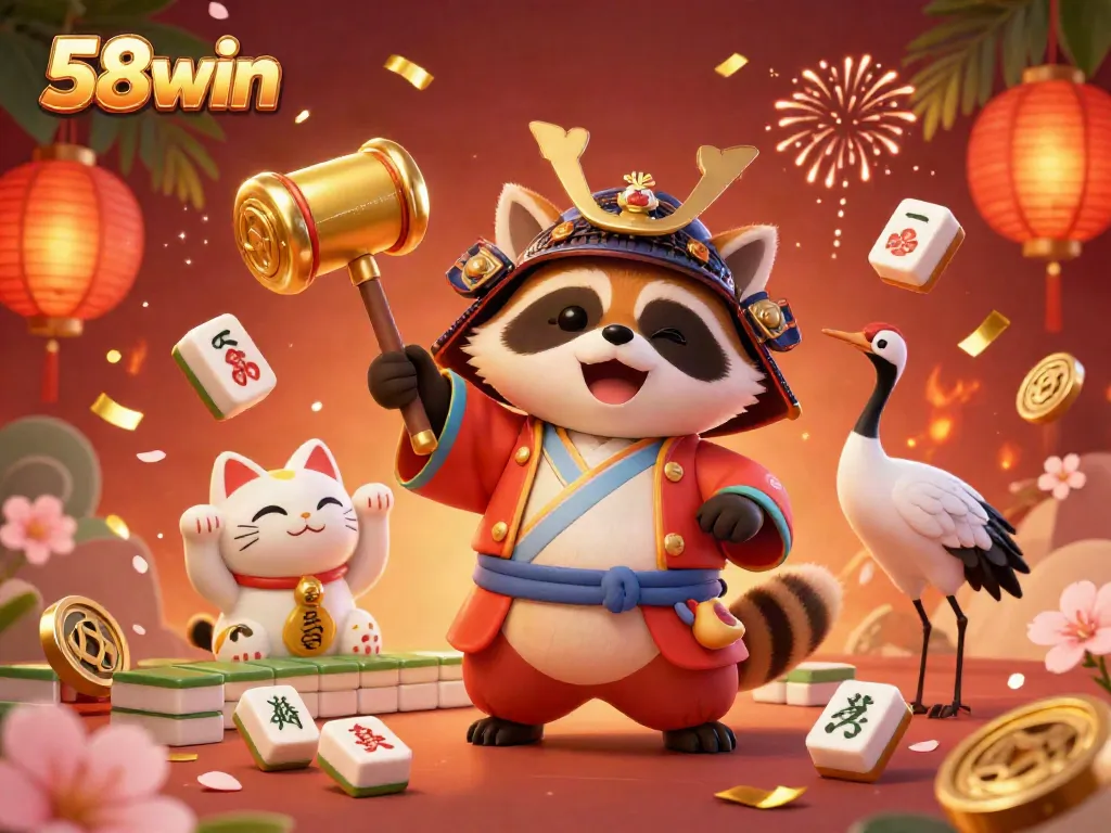 Experience the vibrant world of 58win with a cheerful tanuki and fortune cats celebrating gaming excitement.
