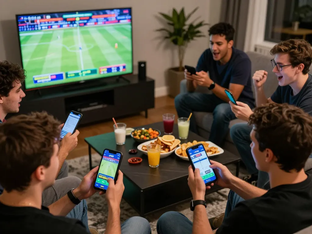 Friends engaging in sports betting via 888NEW app during a lively game night