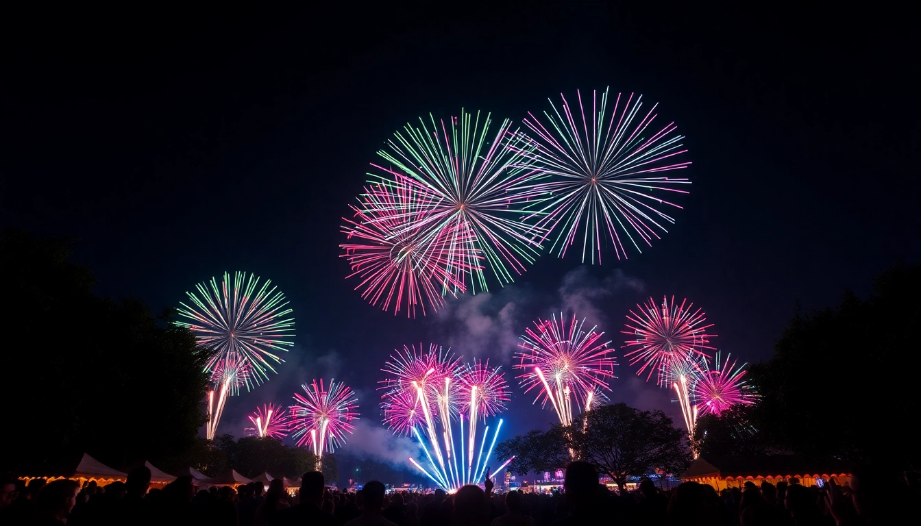 Witness breathtaking wholesale fireworks illuminating the night sky over a festival crowd.
