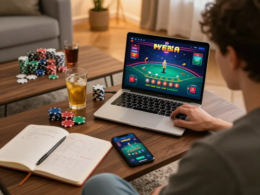 player enjoying luck8 blackjack on a laptop with casino chips and strategy notes