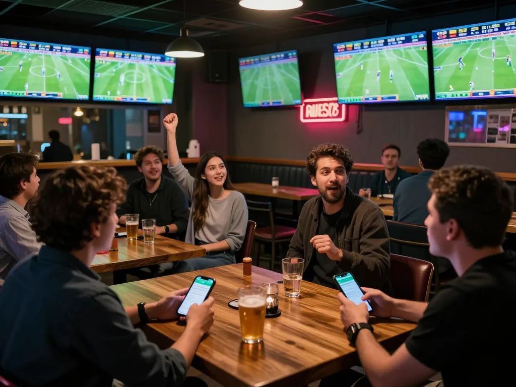 Kèo nhà cái offers an interactive sports betting experience in a vibrant bar environment with patrons actively engaging in bets.