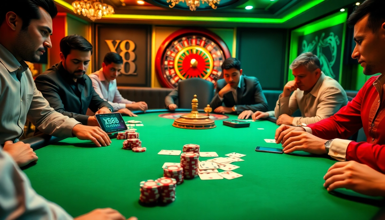 X88 players engaging at a luxurious poker table with vibrant chips and cards.
