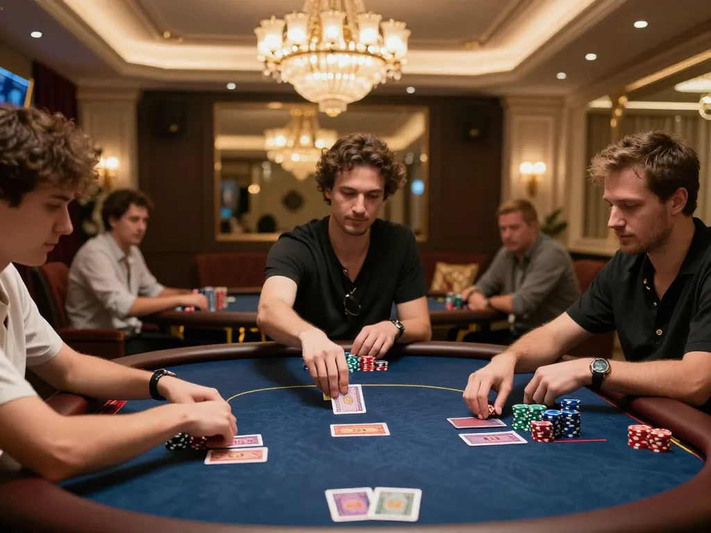 Rikvip players strategizing at a high-stakes poker table in an upscale casino.