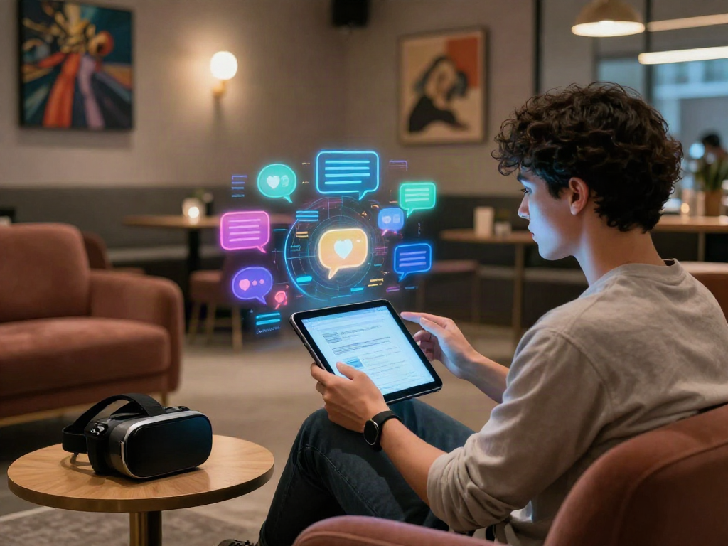 User exploring porn AI chat on a sleek tablet in a cozy digital lounge setting, emphasized by vibrant holographic icons.