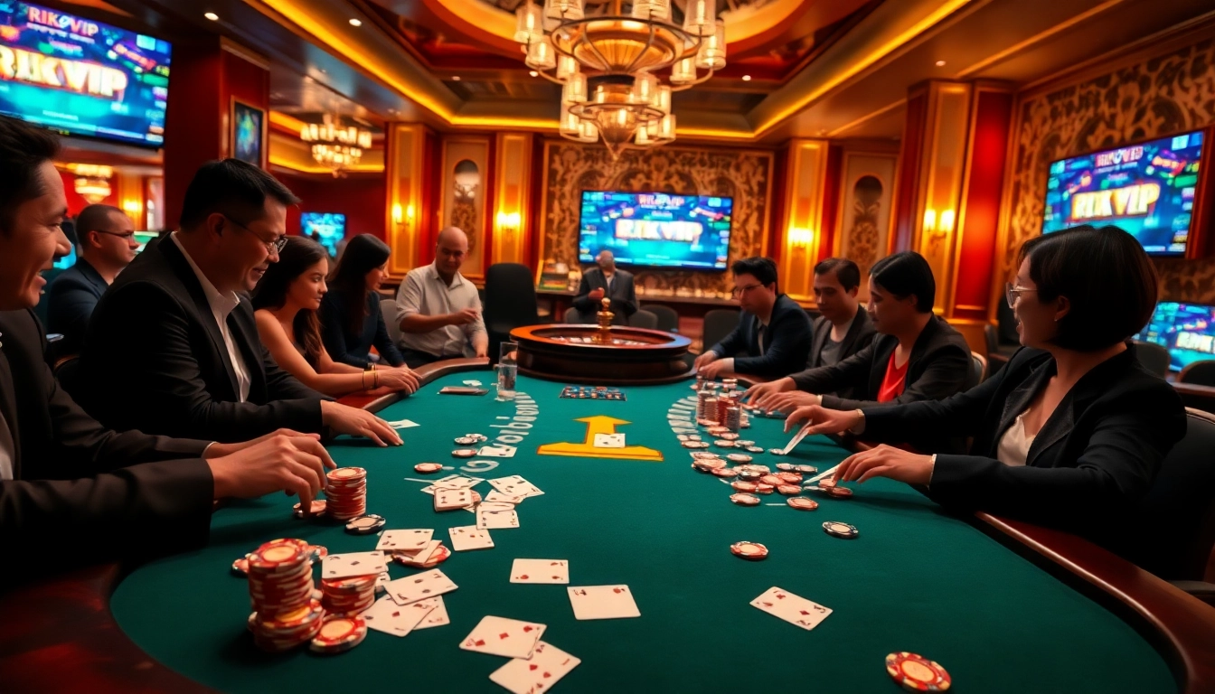 Engaged players testing their luck at the RIKVIP casino table, showcasing vibrant chips and cards.