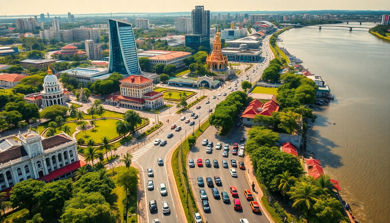 Kuching car hire options with a vibrant aerial view, showcasing city landmarks and diverse vehicles.