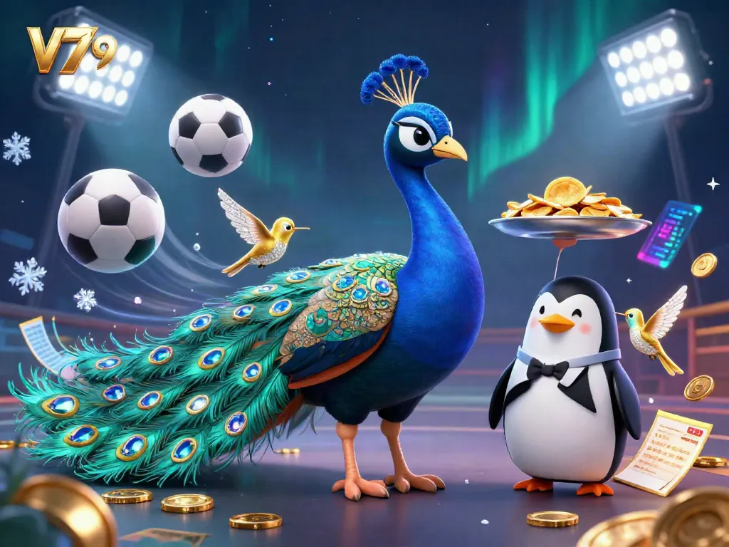 Experience dynamic gaming with V79 in vibrant 3D casino art featuring a peacock and penguin.