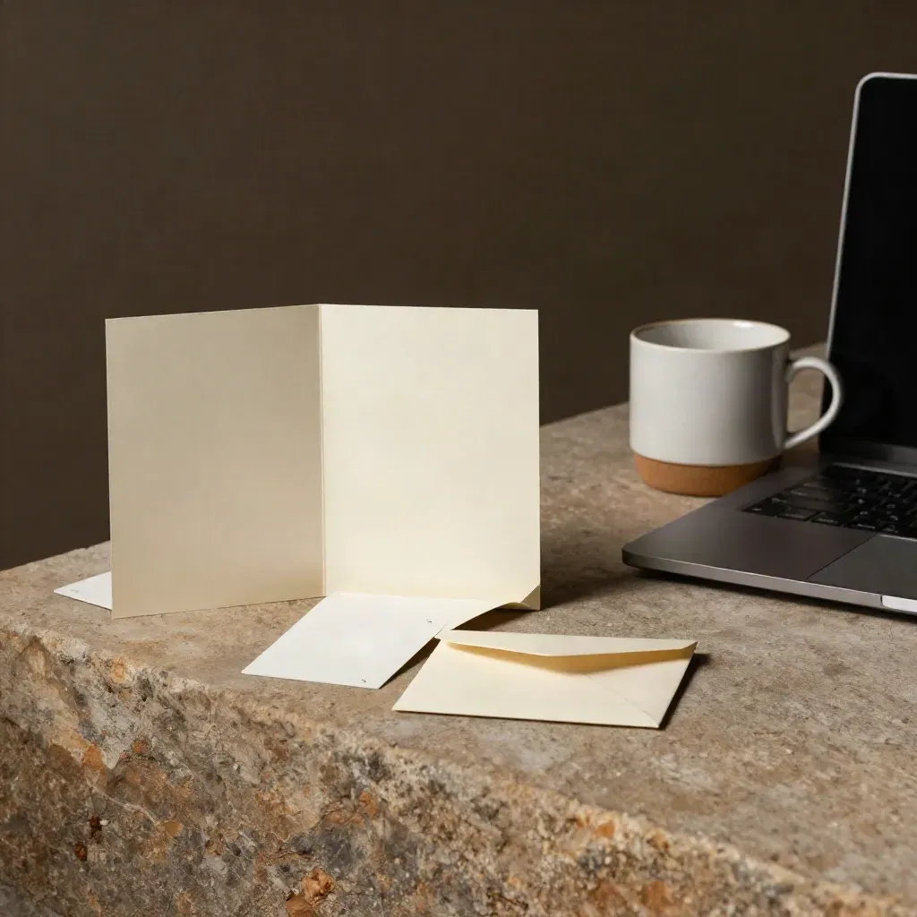 Brand presence sprint bundle with laptop, mug, cards and envelope on a stone ledge.