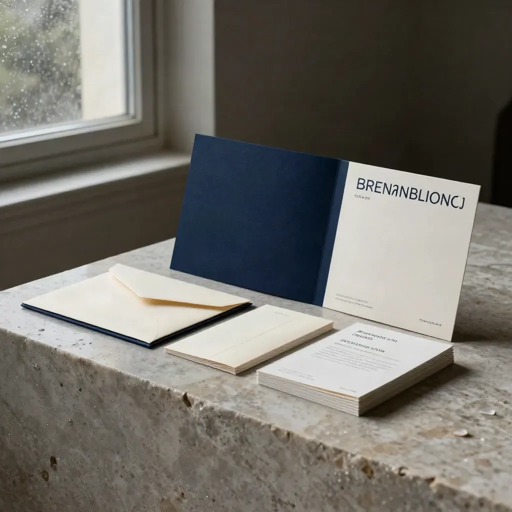 Rain-fresh website and SEO starter kit on limestone plinth with navy folio, insert, envelope and booklet.
