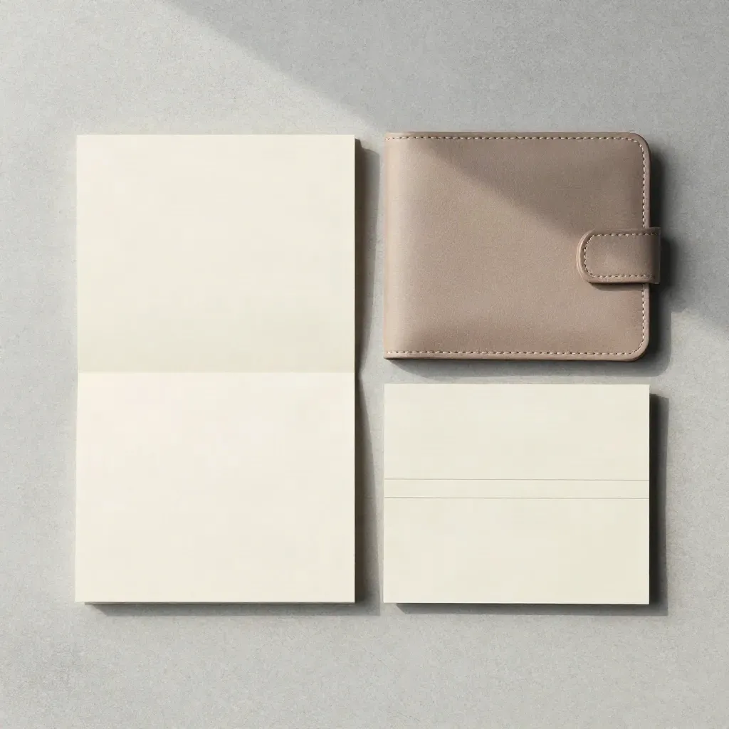 Overhead flatlay of a website copy kit on pale concrete with cream cards and leather slipcase.