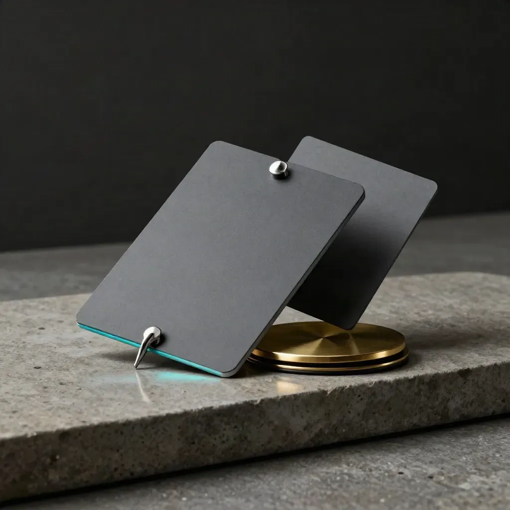 Dark studio product shot of a business setup folio on a stone step with teal rim light.