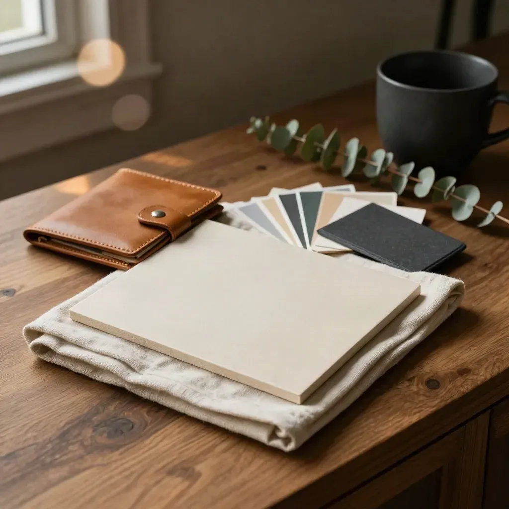 Linen-wrapped social profile kit with profile tiles, wallet and swatch beside a plant sprig