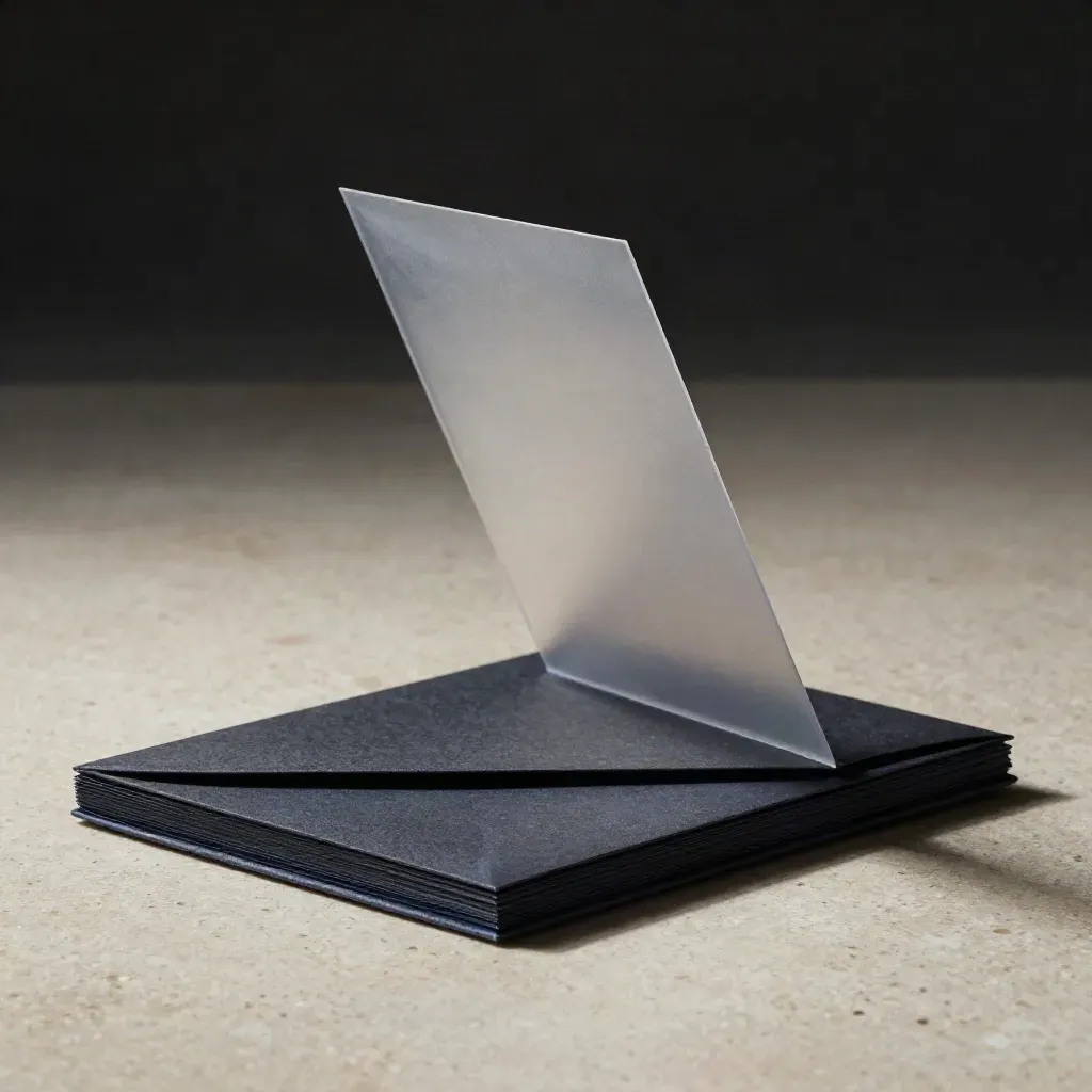 Translucent sleeves and graphite sheets on travertine, lit dramatically from above.