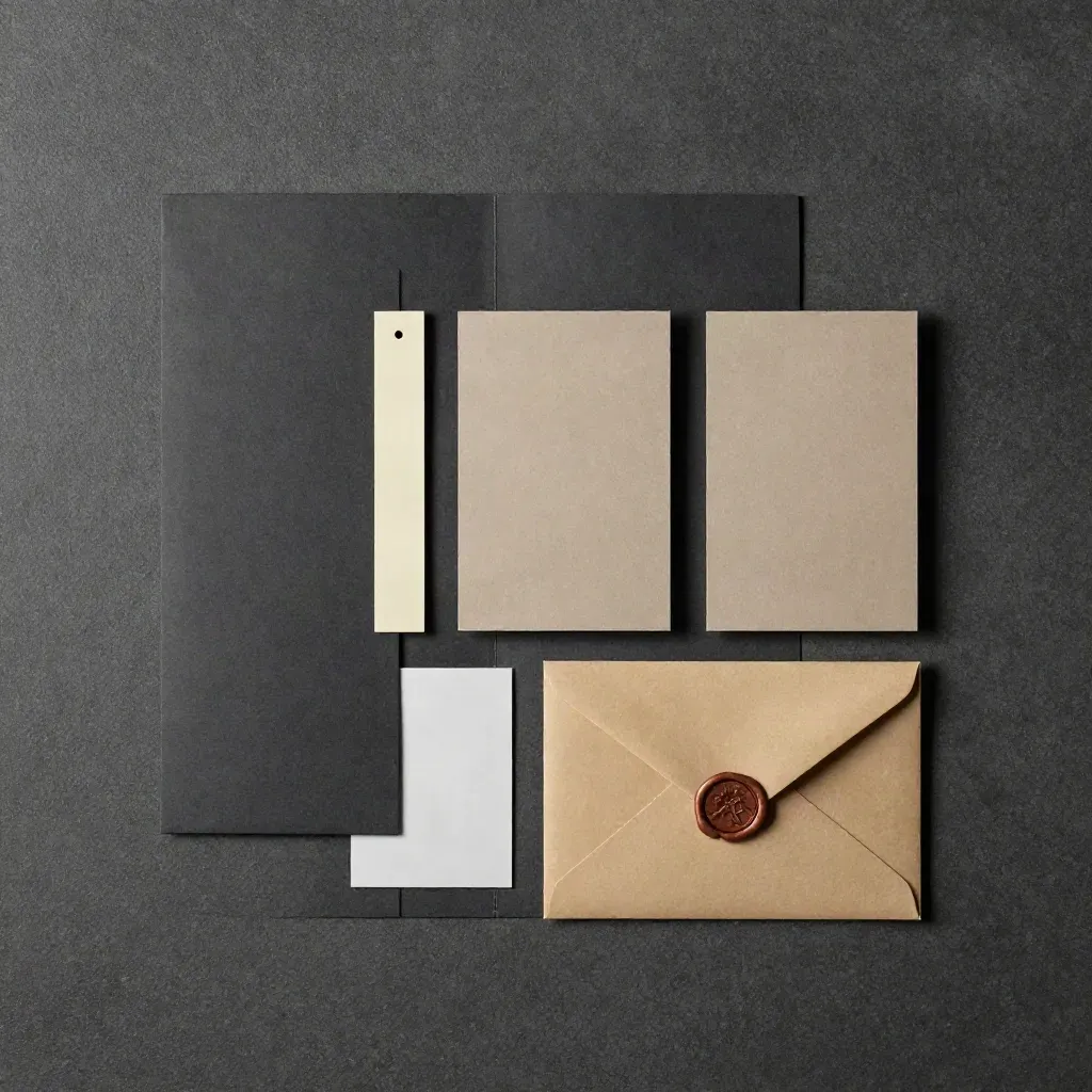 Overhead flatlay of a charcoal brand message kit with blank cards and wax seal