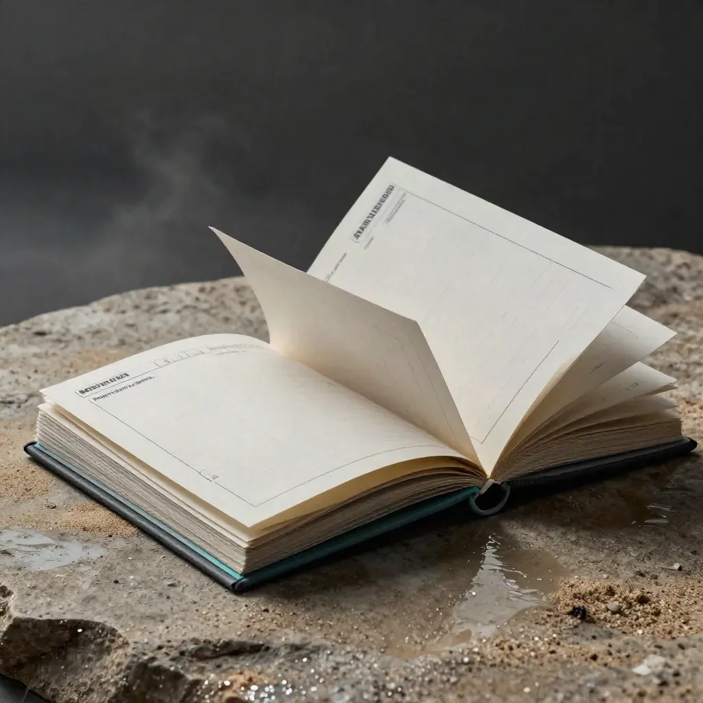 Layered content planning cards and notebook on wet sandstone with teal-lit edges.