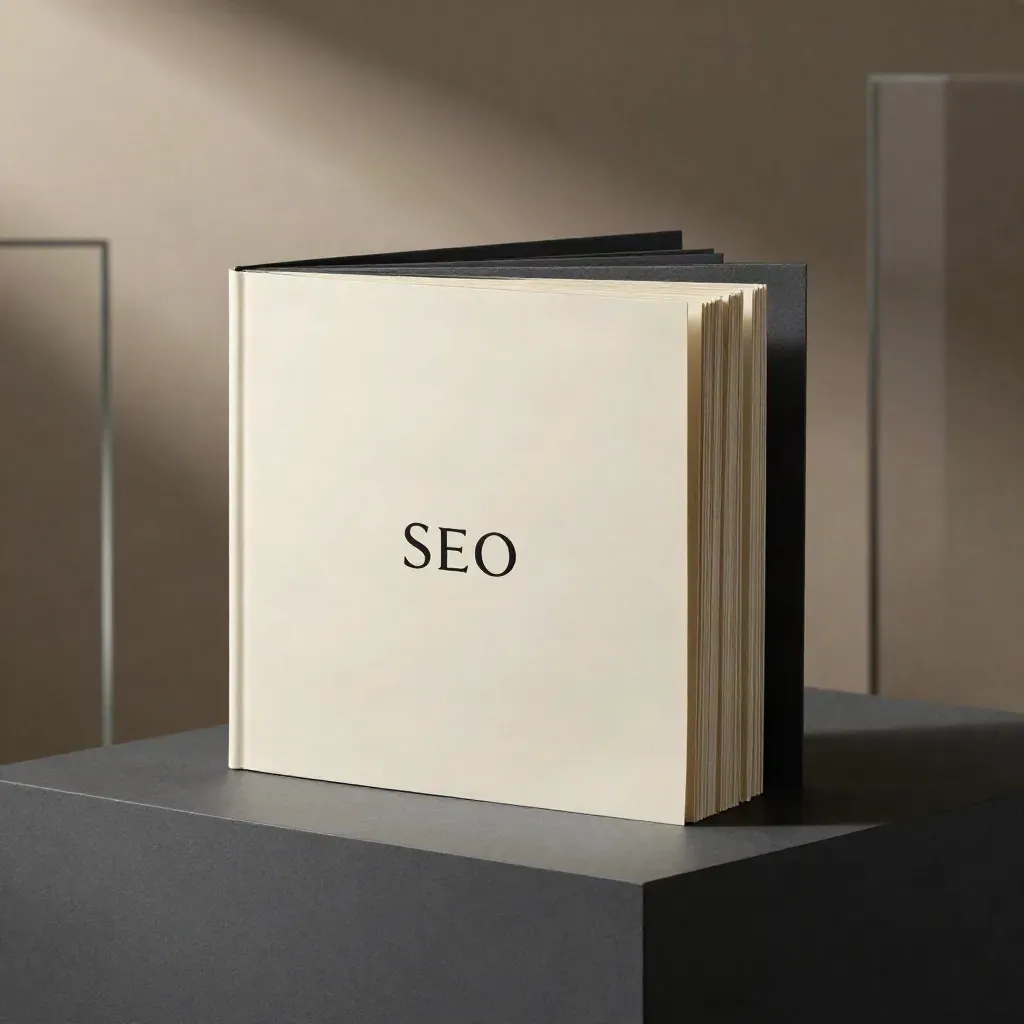Cream SEO copy booklet bundle with charcoal card and folded sheets on a dark pedestal