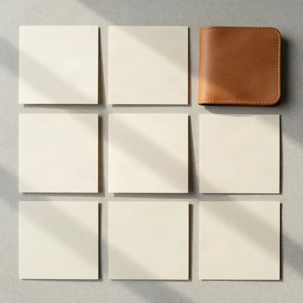 Overhead flatlay of cream copy cards and a leather sleeve on pale concrete.